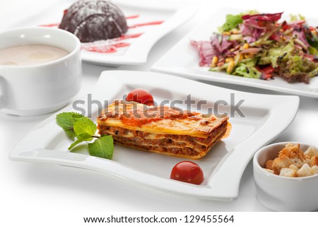European Lunch - Vegetables Salad, Cream of Mushrooms Soup, Lasagna Bolognese and Cake