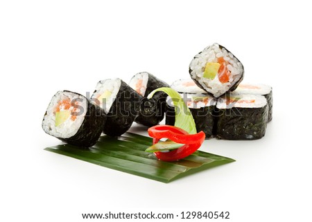 Maki Sushi - Roll with Smoked Salmon, Cream Cheese Avocado inside. Nori outside