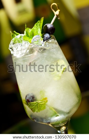 Cocktail with Vodka and White Wine, Grapes, Various Syrup, Lime Juice, Apple Juice and Mint