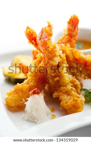 Japanese Cuisine - Tempura Shrimps (Deep Fried Shrimps) with Vegetables