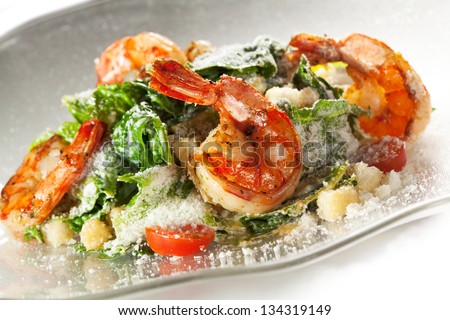 Seafood Caesar Salad with Shrimps, Salad Leaf, Croutons, Cherry Tomato and Parmesan Cheese