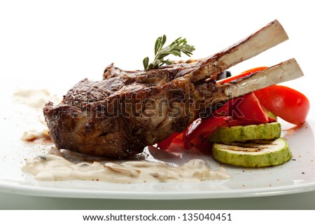 Grilled Rack of Lamb with Mushrooms Sauce and BBQ Vegetables