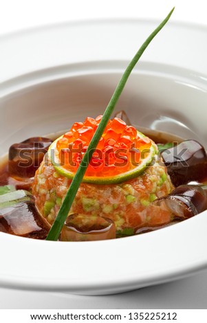 Salmon Fillet in Cream Sauce with Salmon Roe and Ice Cube