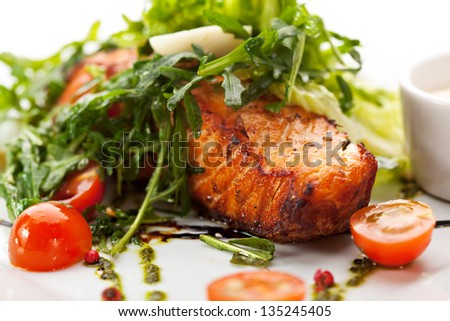 Grilled Salmon with Vegetables, Eggs and Tartar Sauce