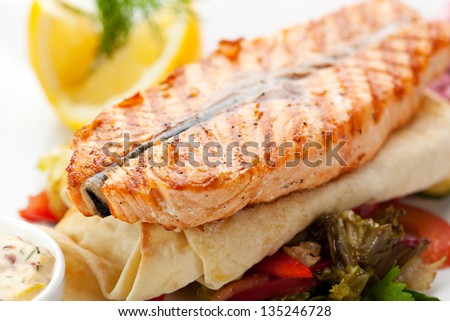 Fish Dishes - Salmon Steak with Vegetables, Lavash and Tartar Sauce