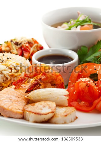 Lunch - Salad, Sliced Tomato, Seafood Soup, Fried Vegetable, Fried Seafood and Fried Rice