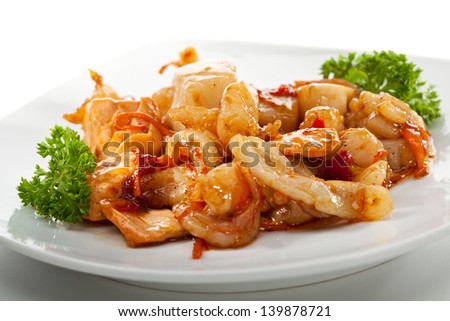 Fried Seafood with Sweet Sauce and Parsley