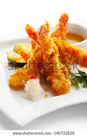 Japanese Cuisine - Tempura Shrimps (Deep Fried Shrimps) with Vegetables