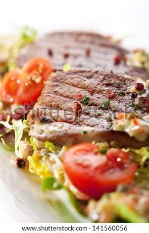 Beef Tongue Salad with Fresh Green Herbs and Cherry Tomato