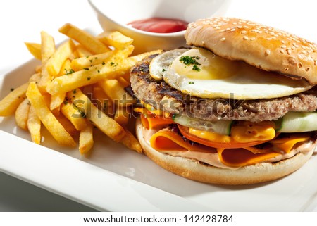 Big Burger with French Fries and Sauce