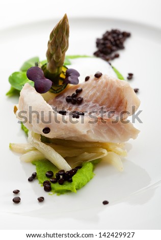 Steamed Fillet of Seabass with Green Peas Cream and Asparagus