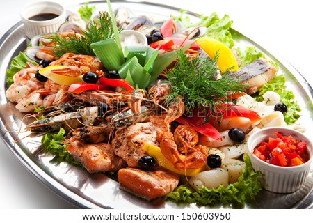 Seafood - Prawns, Squids, Scallops, Mussels, Fillet Of Salmon, Crawfish, Greens And Lemon