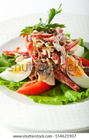 Beef Tongue Salad with Eggs, Vegetables and Mushrooms