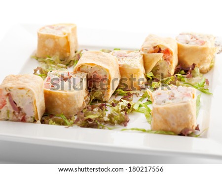 Chicken Maki Sushi - Roll made of Chicken Breast, Cheese and Vegetables inside. Pancake outside
