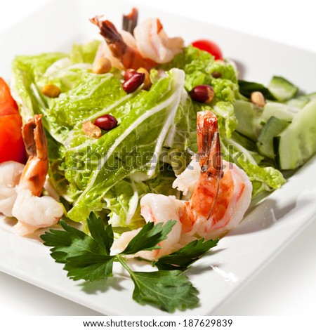 Chinese Cuisine - Tiger Shrimps Salad with Sliced Tomato and Sliced Vegetables