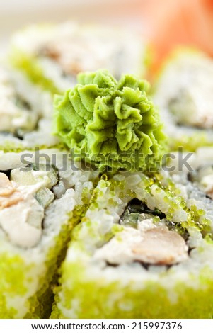 Maki Sushi - Rolls with Fried Tuna, Cucumber and Cream Cheese inside. Tobiko outside
