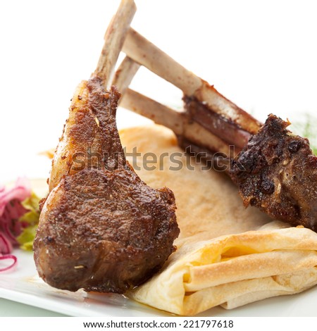 Roasted Lamb Chops with Vegetables, Pickled Onions, Herbs and Lavash