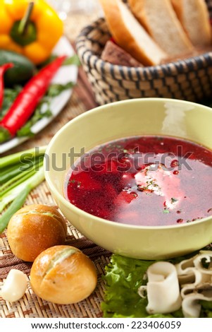 Beetroot and Cabbage Soup with Bread, Lard and Sour Cream