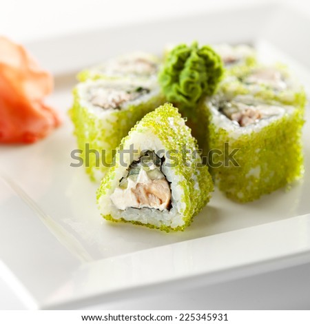 Maki Sushi - Rolls with Fried Tuna, Cucumber and Cream Cheese inside. Tobiko outside