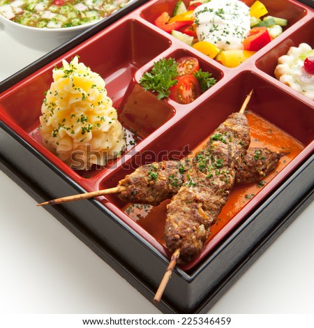 Japanese Meal in a Box - Salad, Skewered Meat and Mashed Potato and Dessert