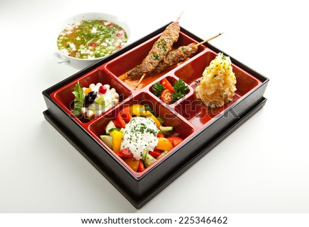 Japanese Meal in a Box - Salad, Skewered Meat and Mashed Potato and Dessert