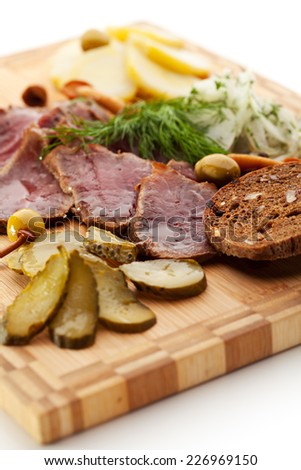 Roast Beef with Pickled Cucumber and Onions, Boiled Potato, Mushrooms and Toast