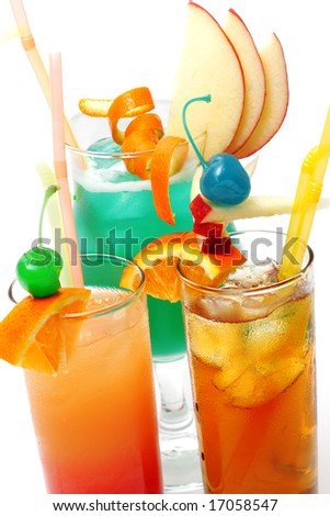 Cocktails - Tequila Sunrise, Sex On The Beach, Blue Hawaii. Isolated on White Background
