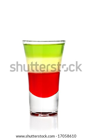 Layered Cocktail Shooter made of Absinthe, Lemon Fresh, Grenadin.  Isolated on White Background