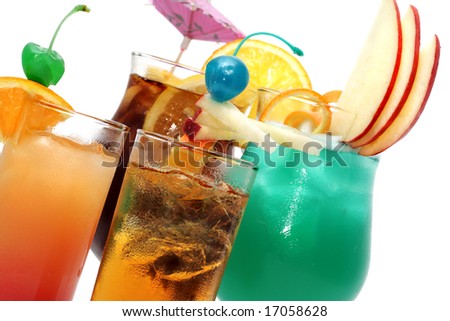 Cocktails - Tequila Sunrise, Sex On The Beach, Blue Hawaii, Long Island Iced Tea. Isolated on White Background