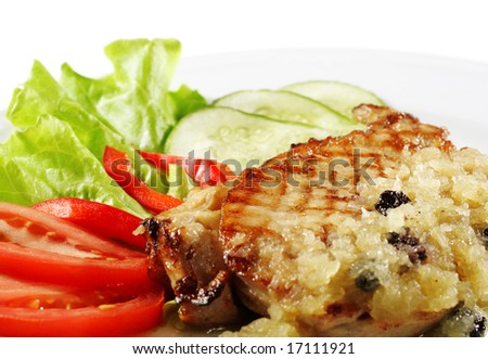 Pork Steak in Honey Sweet Sauce with Vegetable and Salad Leaf. isolated on White Background
