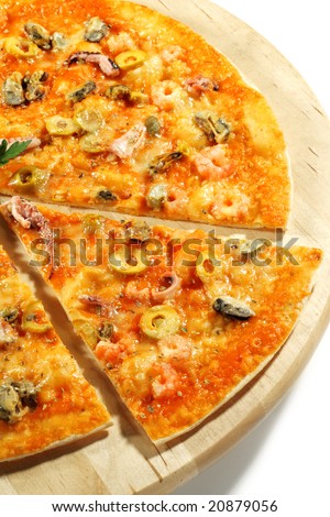 Piece of Seafood Pizza on a Wood Tray. Isolated on White Background