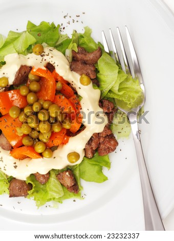 Chicken Salad Composed Chicken Liver and Pepper Dressed with Salad Leaves and Green Peas