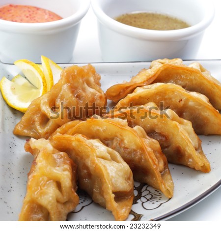 Japan Fish Dumplings with Two Type Sauce. Isolated on White Background
