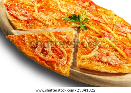 Vegetable Pizza on a Wood Tray. Isolated on White Background