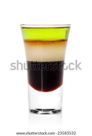 Layered Cocktail Shooter made of Absinthe, Irish Cream, Kahlua. Isolated on White Background