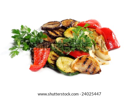 Baked Potatoes Slice with Mushrooms Served with Parsley. Isolated on White Background