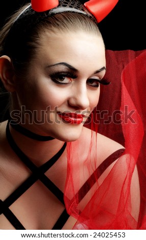 Beauty Girl with Red Horns and Devil Smile