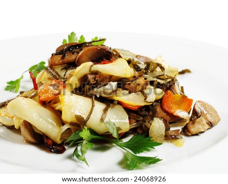Baked Potatoes Slice with Mushrooms Served with Parsley. Isolated on White Background