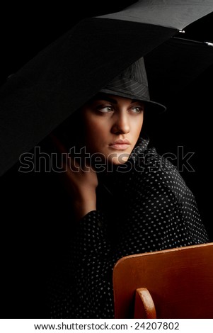 Mysterious Green-Eyes Lady with Umbrella in Black