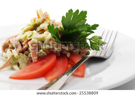 Salad Comprises Smoked Chicken and Celery Dressed with Parsley and Tomato Slice. Isolated on White Background