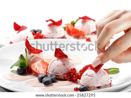 Fruit Mousse with Rose Petal and Fresh Berries. Isolated on White Background