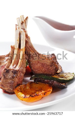 Roasted Lamb Chops with BBQ Vegetable and Sauce Bowl . Isolated on White Background