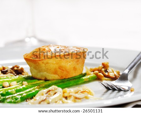 Fork and Fresh Asparagus with Cake. Selective Focus