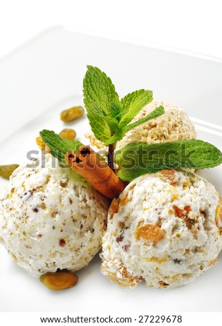 Dessert - Home-made Ice-cream with Fresh Mint and Cinnamon. Isolated on White Background