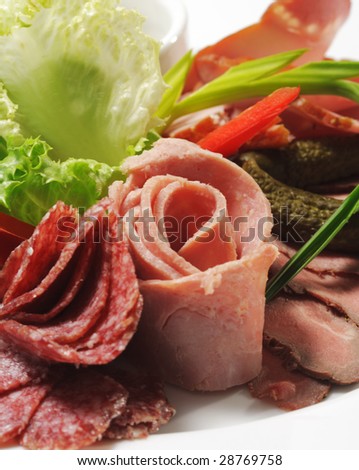 Cold Meat Dish - Sliced Meat Plate  with Fresh Salad Leaf and Pickled Vegetables