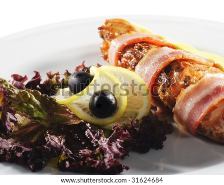 Hot Fish Dishes - Salmon Steak and Bacon Wraps with Lemon Sauce