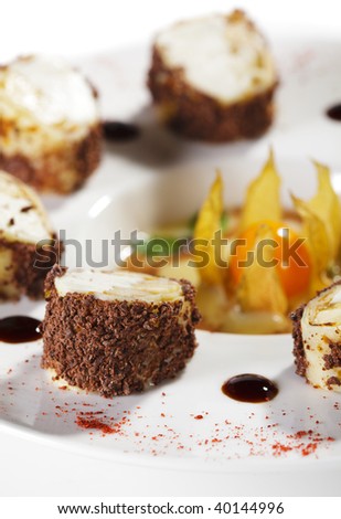 Dessert Sushi Rolls - Banana and Pear with Cream Cheese wrapped in Eggs Pancake with Cocoa Powder