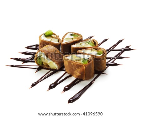 Dessert Maki Sushi - Chocolate Roll with Various Fruit and Cream Cheese inside. Chocolate Pancake outside. Served on Chocolate Pattern