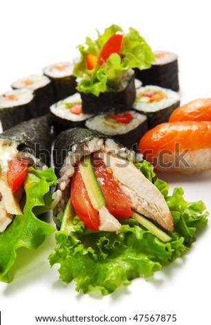 stock photo : Sushi Set - Different Types of Maki Sushi and Hand Roll Sushi (temaki)