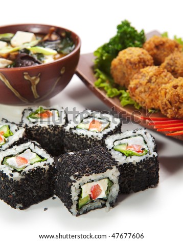 Japanese Meal - Deep Fried Salmon Croquette with Maki Sushi (Cucumber, Bell Pepper inside. Sesame outside) and Miso Soup (Seaweed, Mushrooms and Tofu Cheese)